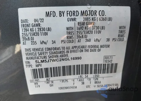 2022 Lincoln Aviator Reserve z USA, uszkodzony, nr VIN 5LM5J7WC2NGL16990